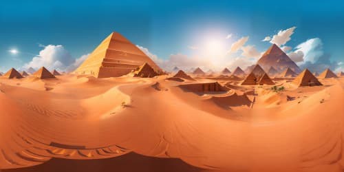 Assassin's Creed Origins-inspired landscape, VR360, ultra high-res, distinguished masterpiece, detailed structure, ancient Egyptian elements, endless desert view, majestic pyramids, oversized Anubis statue, fantasy digital painting style, VR360