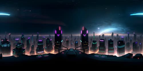 Masterpiece, top-tier VR360, ultra high-res cyberpunk metropolis. Skyscrapers piercing neon clouds, starlit sky backdrop. VR360 holographic ads, floating drones, futuristic skyline. Style: Intricate digital art, vivid neon palette, hyper-detailed textures.