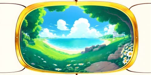 a girl, flowers,sea,golden hair,white dress,laughing