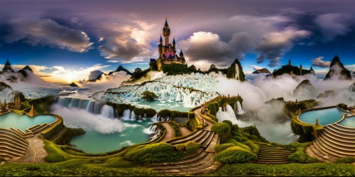 A magnificent, ethereal magic castle floating amidst celestial clouds, radiant crystal spires, cascading waterfalls, lush hanging gardens, intricate architecture in ultra high res 8K detail.