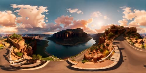 Ultra HD, Masterpiece quality VR360, Grand Canyon, river slicing through red rock vistas, sunset cast shadows. Ethereal hues on horizon, skyview dominated by setting sun's glow.