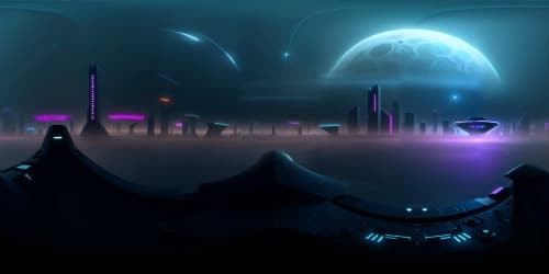 Masterpiece quality, vibrant neon cityscape, ultra-high-res VR360, advanced cyberpunk aesthetic. Endless space, star-studded panorama, VR360 interstellar skyscrapers. Ethereal cosmic vistas, extraterrestrial structures, hyper-detailed textures.
