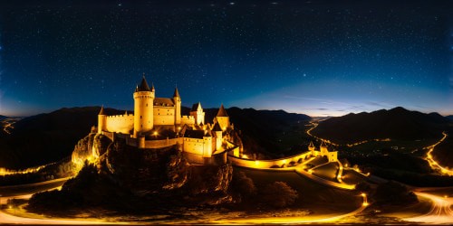 Flawless valley under a starlit night sky, twin medieval castles majestically silhouetted against the twinkling stars, crafting a stunning ultra high-res masterpiece.