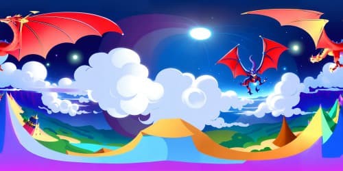 Masterpiece artistry, ultra high-resolution VR360 scene, majestic dragon hovering, gleaming scales, breath emitting ethereal energy, intricate patterns etched, swirling clouds backdrop, iridescent sky