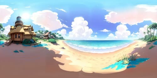 Masterpiece VR360 beach scene, ultra-high-res, sparkling turquoise sea, pearl-like sands, VR360 view of exotic palms cascading. Lush tropical flora, digital painting style. Expansive coastal sunset, blending azure sky with blush-pink streaks. Immaculate quality, digital art, VR360.