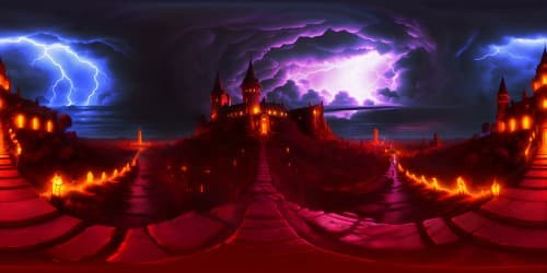 TV drama Stranger Things styled Gothic Castles SURROUNDED BY skinny vocalnic stones. dark red background. Lightnings in the sky