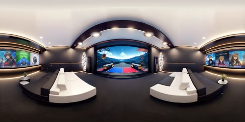 State-of-the-art VR360 theater, cutting-edge elegance, soft inviting glow. Pristine lighting system in VR360 view, flawless acoustics, crystal-clear screens. Seamless technological integration, ultra high resolution, masterpiece quality. Sleek, clean anime style, intricate detailing, glowing highlights, sharp contrasts, high definition textures.