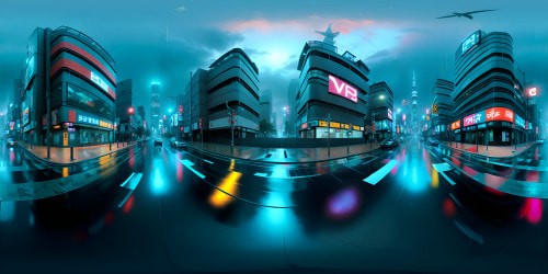 VR360: Tokyo cityscape under rain, glistening asphalt, chiaroscuro reflections in puddles, neon billboards streaked by rain, skyscraper silhouettes. Style: Ultra high-resolution, blend of digital realism and anime-inspired aesthetics, mastery of light and shadow. VR360: Suggests depth, movement within confined urban spaces.