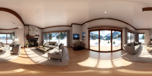Ultra HD quality VR360, masterpiece living room, floor-to-ceiling windows, breathtaking snow-capped mountain view. Luxury furnishings, warm tones, rich textures. VR360 glass panorama, uninterrupted vistas, twilight hues on pristine snow. Pixar-style details, hyperrealistic finish.
