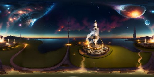 VR360 view, Apollo-era rocket launch, gleaming metal body, crawling gantry, billowing steam. Fiery exhaust plume, Florida palm silhouettes, vintage control center silhouette. Ultra high-resolution digital painting style, crisp details, high contrast, visual depth richness. Masterpiece quality, immersive nostalgia, grand atmospheric VR360 space exploration panorama.