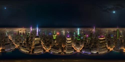 Masterpiece quality, ultra-high res, VR360 view of NYC skyline at night, glittering skyscrapers, moonlit Hudson River, star-studded velvet sky. Style: realistic digital painting, meticulous detailing, refined neon glow effects.