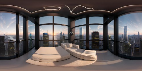 Upscale New York apartment, top-notch quality, VR360 view panoramic cityscape, sleek furniture, ultra-high resolution. Masterpiece city lights, modern art pieces, realistic textures. VR360 stunning skyline, exquisite detailing, glass skyscrapers. Style: Hyper-realistic.