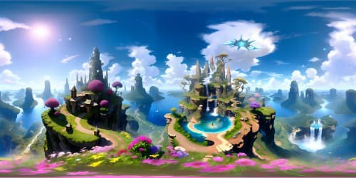 Masterpiece VR360, ultra-high-resolution, grandeur embodied, floating islands enveloped in lush foliage, cascading waterfalls plummeting into infinity, inimitable sky structures. Iridescent clouds, Pixar-expressive style overlay, blend of whimsy and realism. Ultimate VR360 visual feast.