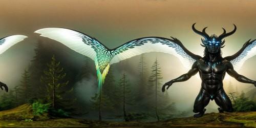 A hyper-realistic, flawlessly detailed, ultra-high-resolution depiction of a mythical Nue creature emerging from iridescent mist in a moonlit ancient forest, gleaming onyx scales shimmering and argent wings stretching majestically, every minute detail meticulously captured in a visual masterpiece.