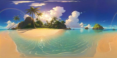 Tropical beach scene, stunning VR360 view, golden sands of unmatched quality, azure water clarity, lively palm trees moving subtly. Sunlight casting diamond patterns, serene water surfaces, masterstroke in ultra-high resolution. Every sand grain, water ripple detailed exquisitely. VR360 masterpiece.