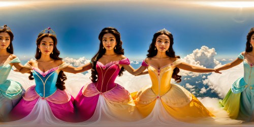 A flawless, stunning depiction of five enchanting princesses from Disney, gracefully posed in a circle, accentuating their armpits, intricate details, regal radiance, ultra high resolution.