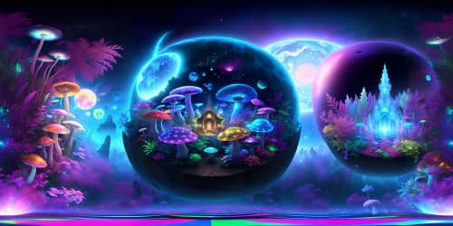 Masterpiece VR360, digital painting, ultra-high-resolution fantasy panorama, floating islands, mushroom-infested, titanic moons, ethereal glow, VR360 embrace, mammoth pink sun in cosmic vista, artistry mastered, visual amplification.