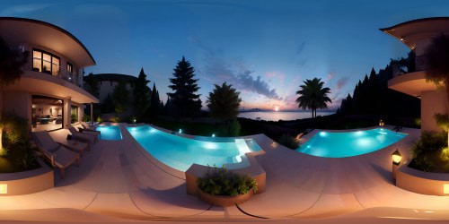 Luxurious backyard pool and hot tub night time infinity pool nighttime skyline view rooftop city lights