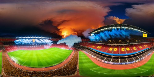 An immaculate, grand soccer stadium ablaze in twilight, a flawlessly groomed pitch illuminated by dazzling floodlights, colorful team flags dancing in the nocturnal air, raucous fans populating the overflowing stands, immortalized in unparalleled ultra high resolution, a visual masterpiece.