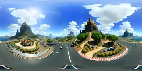 Grand prix panorama, sleek race cars on asphalt, chrome detailing, sunlit paintwork. VR360 view, pit crew frenzy in corners. Luxurious interpretation, ultra high res textures, hyperrealism style. VR360, vibrant sky, dynamic clouds, afternoon light ambience.