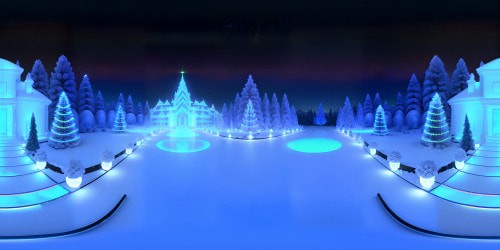 Winter magic supreme, blizzard crystalline palace, snowflakes lace curtains, twinkling starlight woven through frosted pine forest. VR360 exquisite surreal art, frozen-lake mirror, aurora borealis cascade. Ultra high res, artistically impeccable, VR360 winter masterpiece.