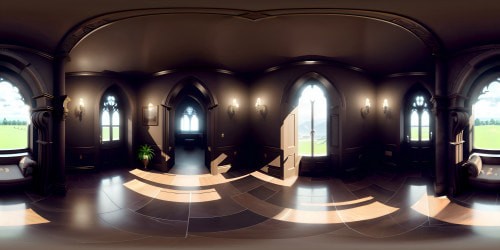 Ultra high-res VR360, Gothic castle grand staircase, cobblestone steps, centuries-old, towering stone walls. Masterpiece VR360, intricate carvings in the castle walls, iron-wrought chandeliers. Gothic art style, moonlit sky through arch windows, brooding cloudscape.