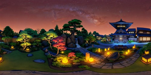 An immaculately crafted Edo-era Japanese garden under a starlit night sky, bathed in a cozy, warm-toned glow that accentuates the meticulously landscaped scenery, showcasing a deep, rich color palette of reds, magentas, browns, and deep orange-yellow hues, evoking a feverishly warm and inviting atmosphere.