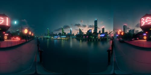 city skyline at night redlight district neon lights riverside sky view