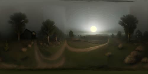 Ultra high-resolution VR360, masterpiece of Silent Hill inspired ambiance, misty landscapes, thick fog, decaying structures, dark night sky, nightmare landscape. Style: photo-realistic with a touch of horror, eerie glow from the moon. 