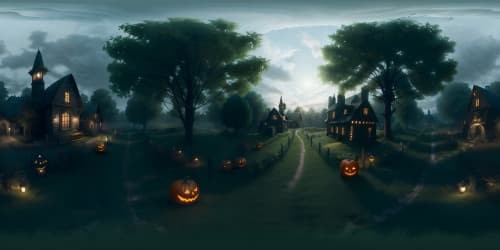 Masterpiece-quality, VR360 Sleepy Hollow view, ultra high res. Halloween dominance, ghostly aura pervading, cobweb-decked houses, glowing pumpkin carvings. Eerie windmill silhouette paramount. Ultra-realistic style expression, immersive VR360 environment, masterpiece ambiance.