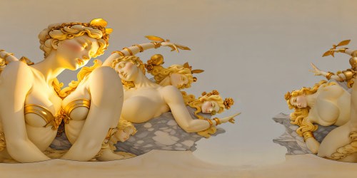 Exquisite and flawless Michelangelo-inspired marble sculptures of tastefully nude figures, softly illuminated by a golden Renaissance-like glow in an ultra high-res VR360 setting, capturing the essence of the human form in its most artistic and masterful representation.