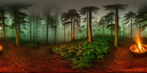 A serene and tranquil relaxation area nestled in the heart of a midnight forest, shrouded in mist, illuminated by a crackling, warm campfire, all rendered in flawless detail and ultra-high resolution.
