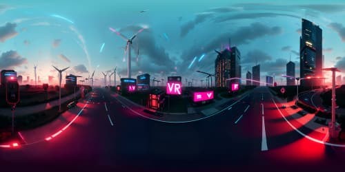 Ultra high-res future city, VR360 skyline, neon skyscrapers, clean energy windmills. Floating holographic billboards, anti-gravity vehicles, glowing highways. Masterpiece style, precision details, polished surfaces. Advanced AI aesthetics for a VR360 view.