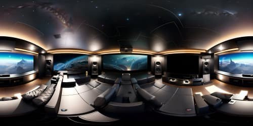 Home theater, imax, scifi, star ceiling, luxury and comfort, plush seats, state-of-the-art audiovisuals, ambient light, view from the seat