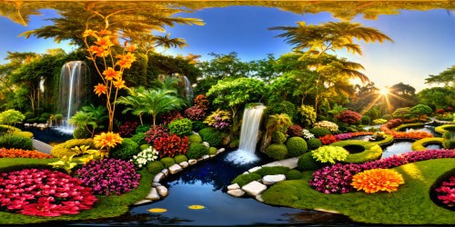 An impeccably detailed, ultra high-resolution 3D rendering of a captivating garden oasis sanctuary, showcasing colorful blooming flower beds, tranquil koi ponds, exquisite fountains, elaborately sculpted topiaries, streaming waterfalls, and a plethora of verdant foliage bathed in the flawless glow of golden-hour sunlight.