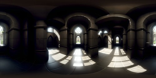 Noir aesthetic, ultra high res VR360 masterpiece, VR360 prison panorama. Gothic ambiance, stark contrast lighting. Stone archways looming, oppressive iron grating. Cobblestone walls, grungy textures. Ultra-realistic shadow depth, intrusion of confinement in VR360. Masterpiece execution, superior quality.