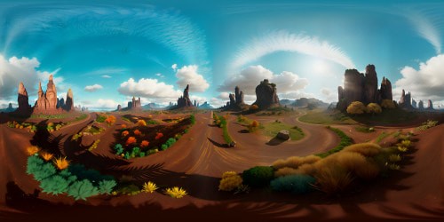 Ultra-high resolution VR360 masterpiece, sky valley brilliance, iridescent cloud rustle, emerald grass swaying in ethereal wind. Radiant sun, casting dynamic shadows, surrealistic style. Exquisite, vibrant, immersive VR360 panorama.