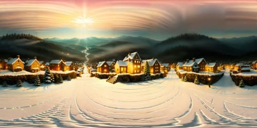 VR360 winter wonderland, hillside overlook, quaint snow-dusted village. Glittering ice, glowing Christmas decorations. Stylistic masterpiece blend, ultra high-definition, vibrant Yuletide hues, intricate detailing for VR360 immersion.