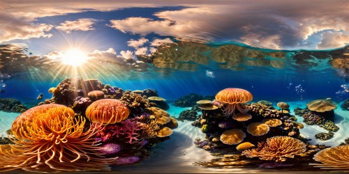 An exquisite VR360 underwater wonderland, with vibrant coral reefs, floating jellyfish in ultra high-res, iridescent pearly bubbles, and sun rays piercing through crystal-clear waters, presenting a luminescent masterpiece boasting a rich, detailed color palette.