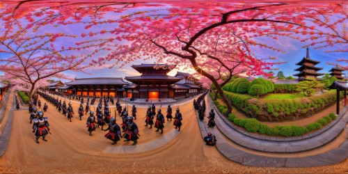 An immersive, flawless scene set in ancient Japan, blending samurais, ninjas, geishas, and robots amidst a stunning cherry blossom festival, with ornate pagodas, lantern-lit winding paths, ethereal mist, and gleaming metallic robots integrated seamlessly into the traditional setting.