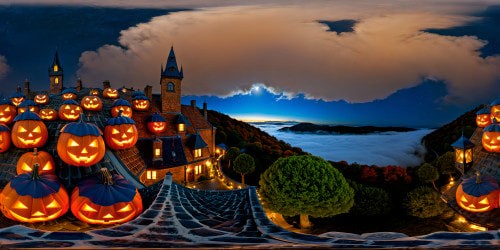 In a flawlessly crafted, ultra high-resolution recreation of Halloween Town inspired by Burton's stop-motion animation, the moonlit cobblestone streets wind past crooked houses with twisted chimneys, pumpkin patches aglow with eerie candlelight, and skeletal trees with branches intertwined like bony fingers under a star-studded, velvet sky.