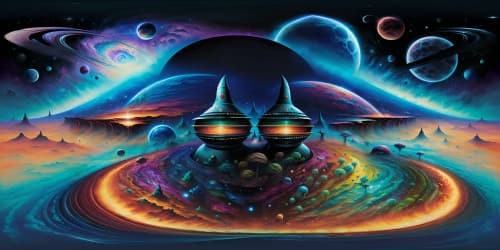 Masterpiece VR360 view, ultra high res, cosmos detail, swirling galaxies, diverse planets, luminous nebulae. Stellar clusters, interstellar dust, deep space exploration. Style: hyperrealism, meticulous detail, vibrant colors, light effects.