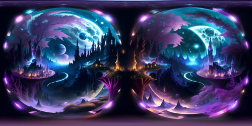 Fantastical unicorn shapes, luminescent, ethereal, mystical forms in VR360. Ultra high-res details, manes like stardust trails, spiraling crystal horns. Masterpiece romance between fantasy art and digital painting, encompassing celestial bodies. VR360 panorama, expansive, myriad hues of twilight, dreamlike.