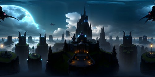 VR360: Sky-high castle, fantasy beast silhouettes, floating towers, ethereal clouds. VR360: Mystical monsters, gargoyles perched on parapets, ornate turrets. Style: ultra-high resolution, Pixar-masterpiece, intricate detailing, luminous sky hues.