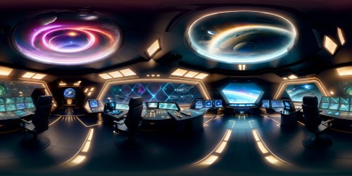 Star Trek Next Generation Bridge, VR360 view, expansive command center, dome-shaped ceiling, sharp ultra-high res detailing. Multiple control panels, glowing buttons, flashing indicator lights, seated console areas. Central captain's chair, authority radiating. Meticulous digital painting style, hyper-realistic textures, layers of intricacy. Studio-grade lighting,