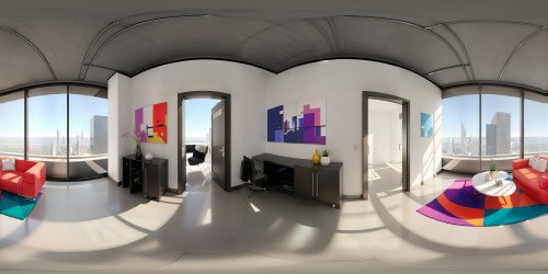 VR360 panorama, shimmering cityscape silhouette, ultra high-resolution textures. Modern art influences, splashes of vibrant color, abstract geometric forms. Cubist architecture, distorted skyscrapers, bold lines. Dreamlike VR360 viewpoint, immersive color play.