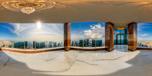 A flawless, opulent luxury penthouse with gleaming marble floors, sparkling crystal chandeliers, panoramic skyline views, exquisite art pieces, and ambient lighting, in stunning 8K resolution, creating a perfect blend of elegance and sophistication.