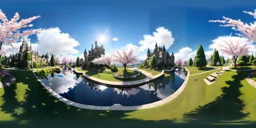 Cherry blossom-lined castle towers, verdant Hogwarts grounds in spring, VR360 vibrant hues. Sparkling Black Lake, snow-capped mountains backdrop, rich ultra-HD detail. Masterpiece, fantasy art inspired, with a touch of realism. VR360 immersive, magical, lush atmosphere.