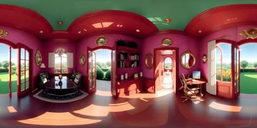 Grand estate, ultra high-res VR360, ornate architecture, luscious garden foreground, surreal art style, vivid color palette, balanced masterpiece, crowning sunset, limitless sky view VR360.