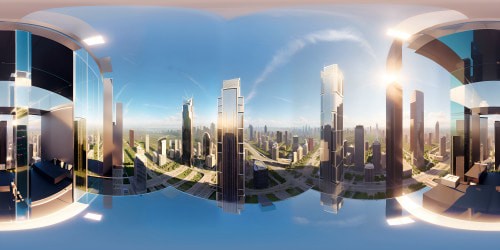 VR360 apex viewpoint, towering mile-high metropolis. Glass façade skyscrapers, diverse architectural spectacle, urban grandeur. Shifting VR360 panorama upward, mirrored reflections, textured finishes. Ultra-high res masterpiece, photorealistic precision, apex highlight. Pinnacle of VR360, cityscape grandeur, diverse architectural feast, towering skyscrapers.